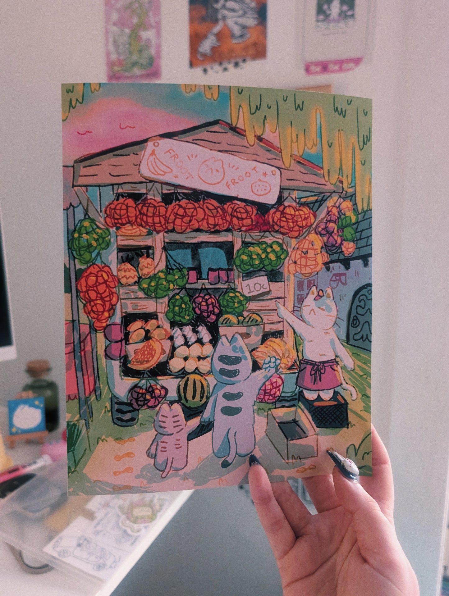 cat fruit market print 20x25cm