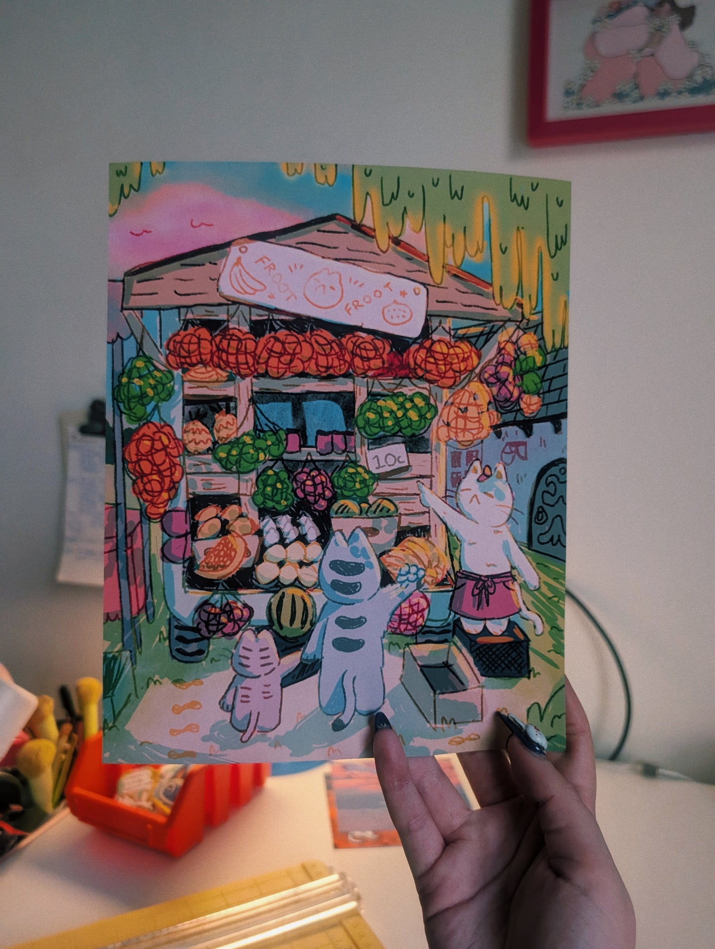 cat fruit market print 20x25cm