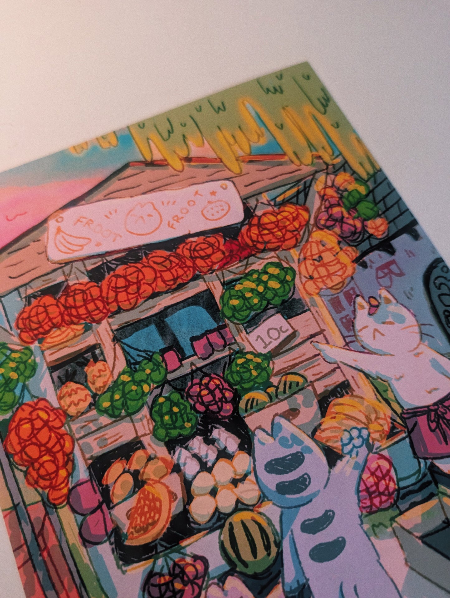 cat fruit market print 20x25cm