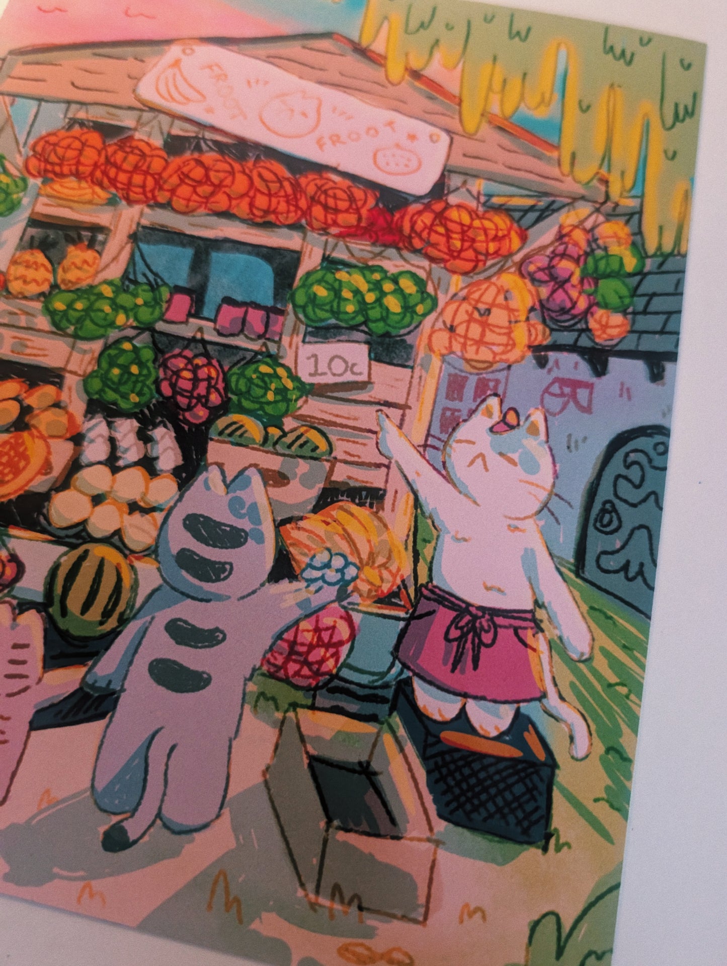 cat fruit market print 20x25cm