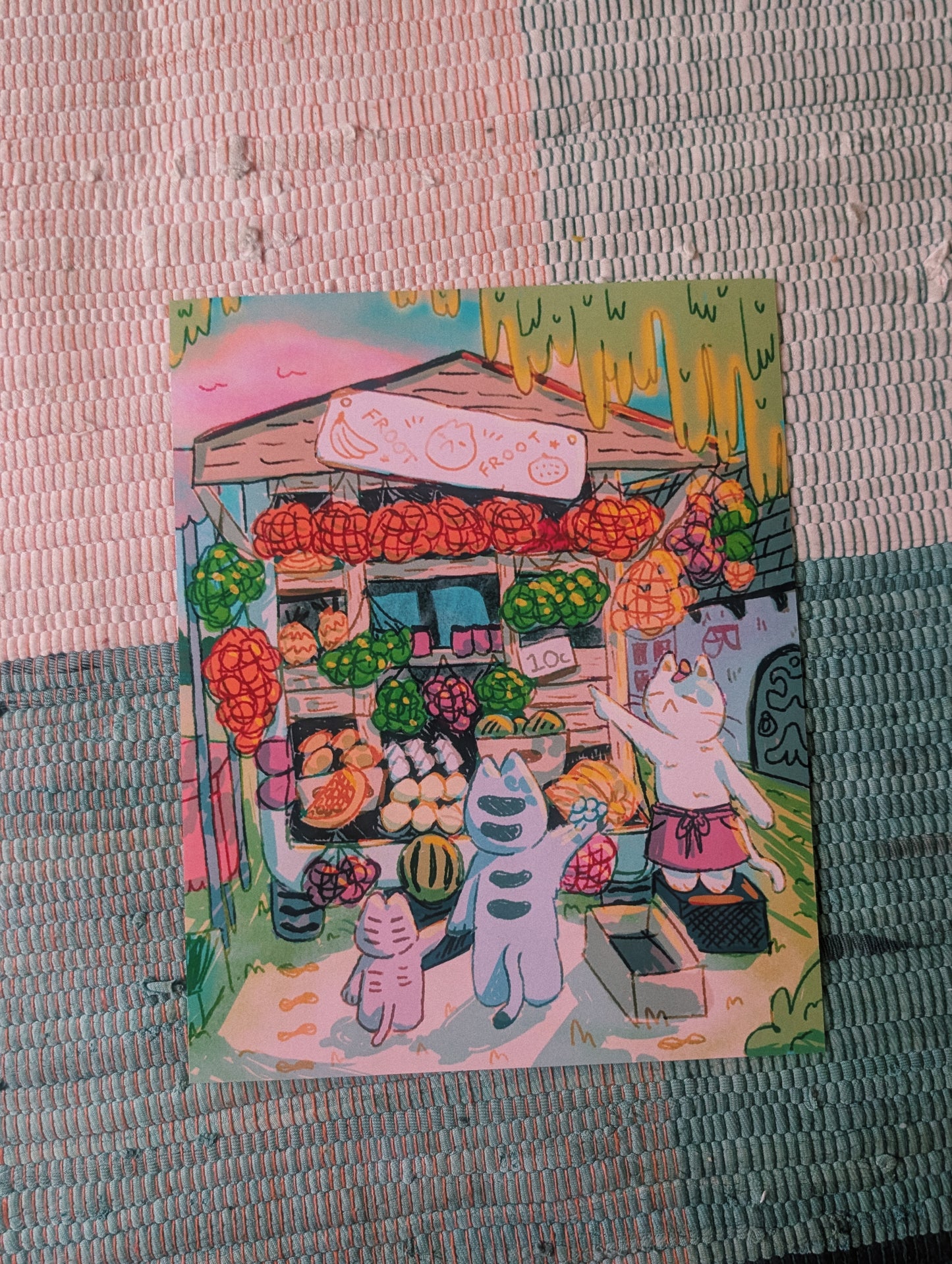 cat fruit market print 20x25cm