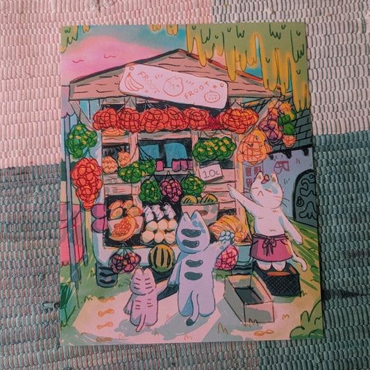 cat fruit market print 20x25cm
