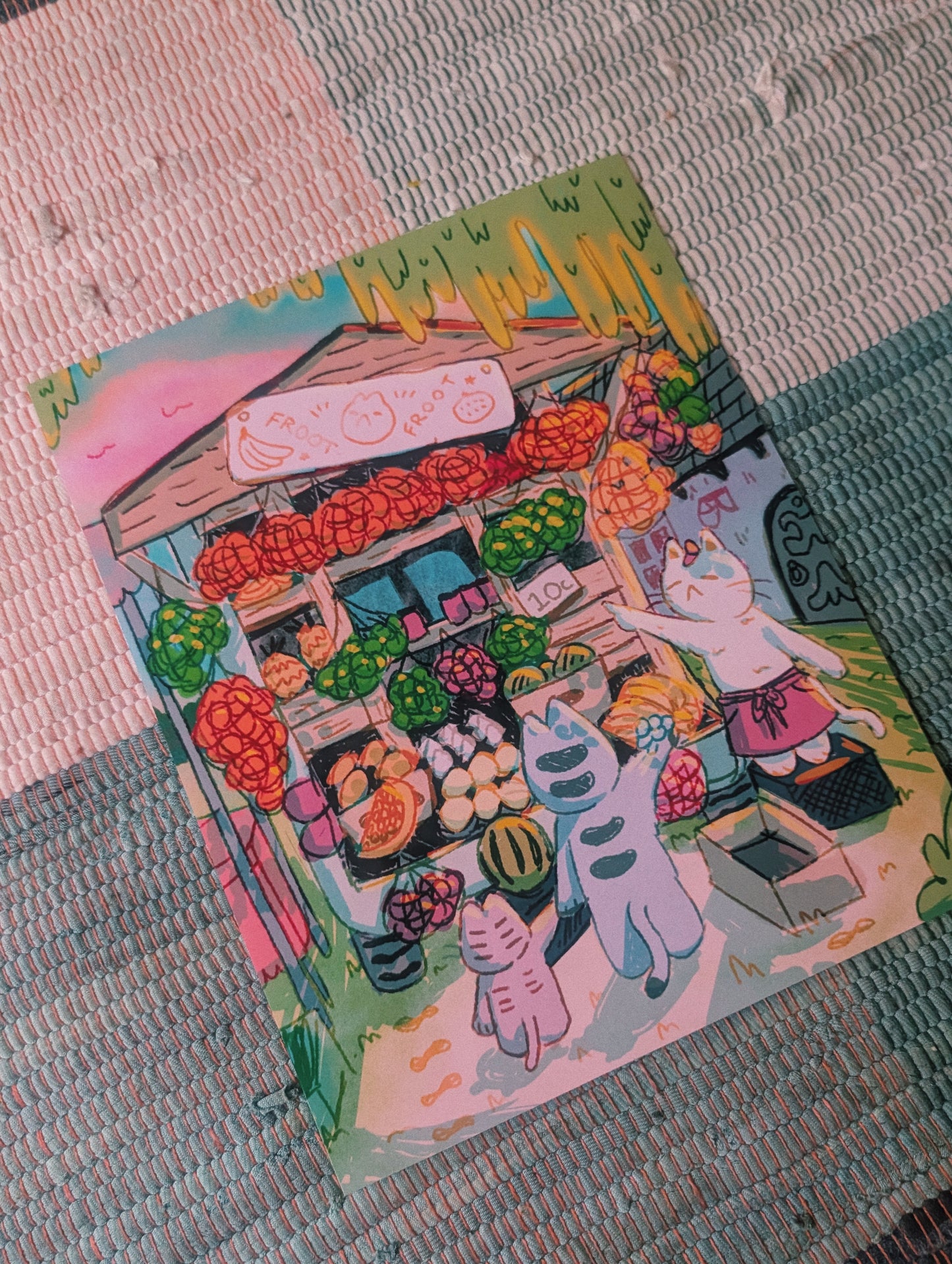 cat fruit market print 20x25cm