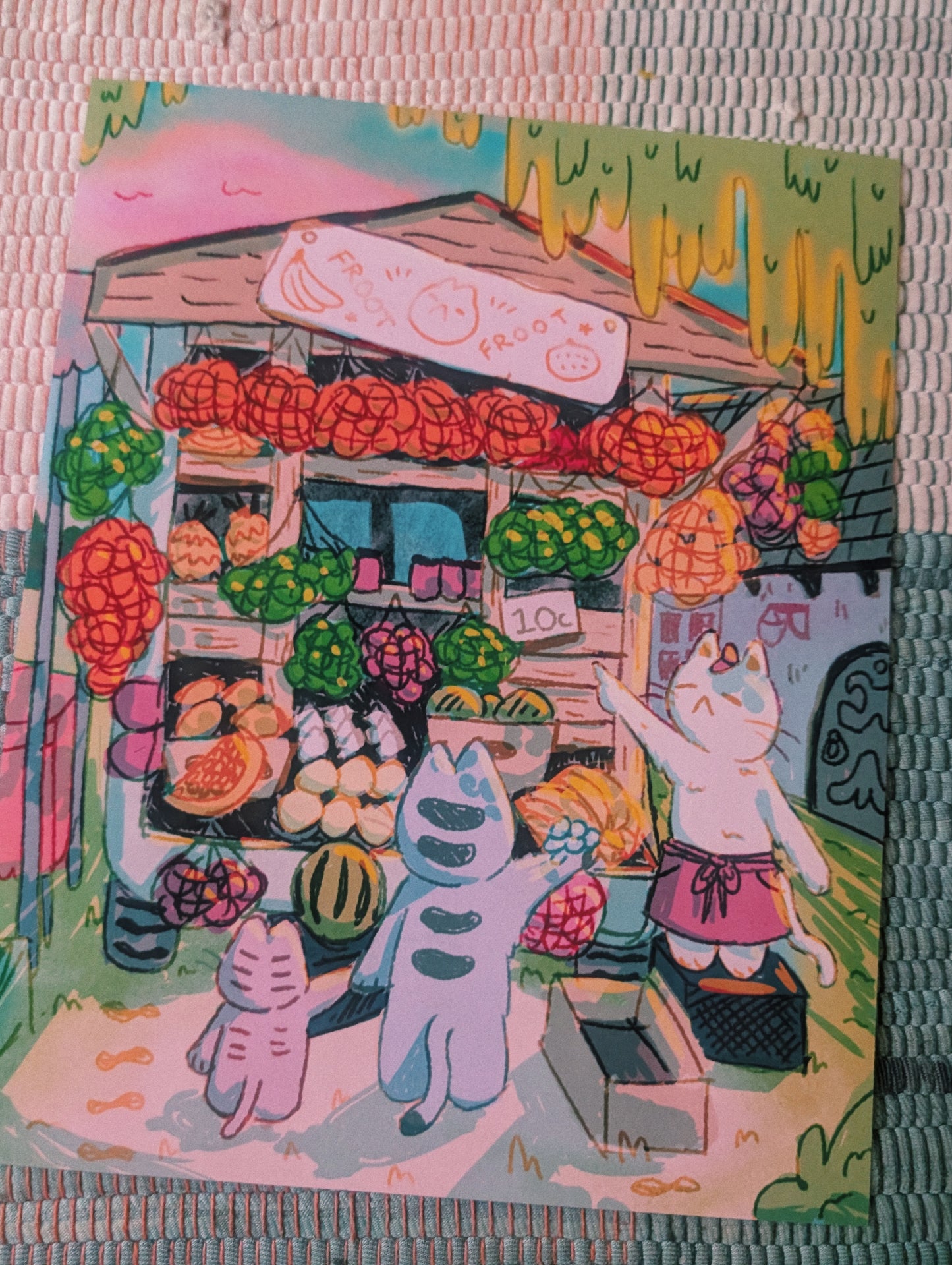 cat fruit market print 20x25cm